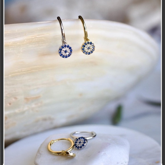 JewelbyEllie Jewelry - 925 sterling Silver Evil Eye Dazzling Blue and Gold Crystal Earrings